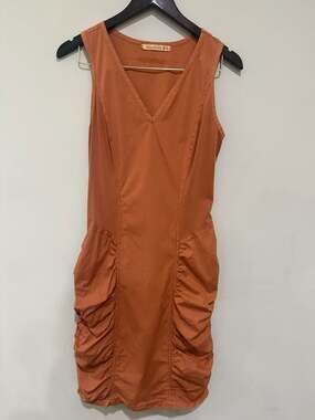 Wearables M Orange Ruched Pocket Dress Lagenlook Artsy Boho Sleeveless Cotton